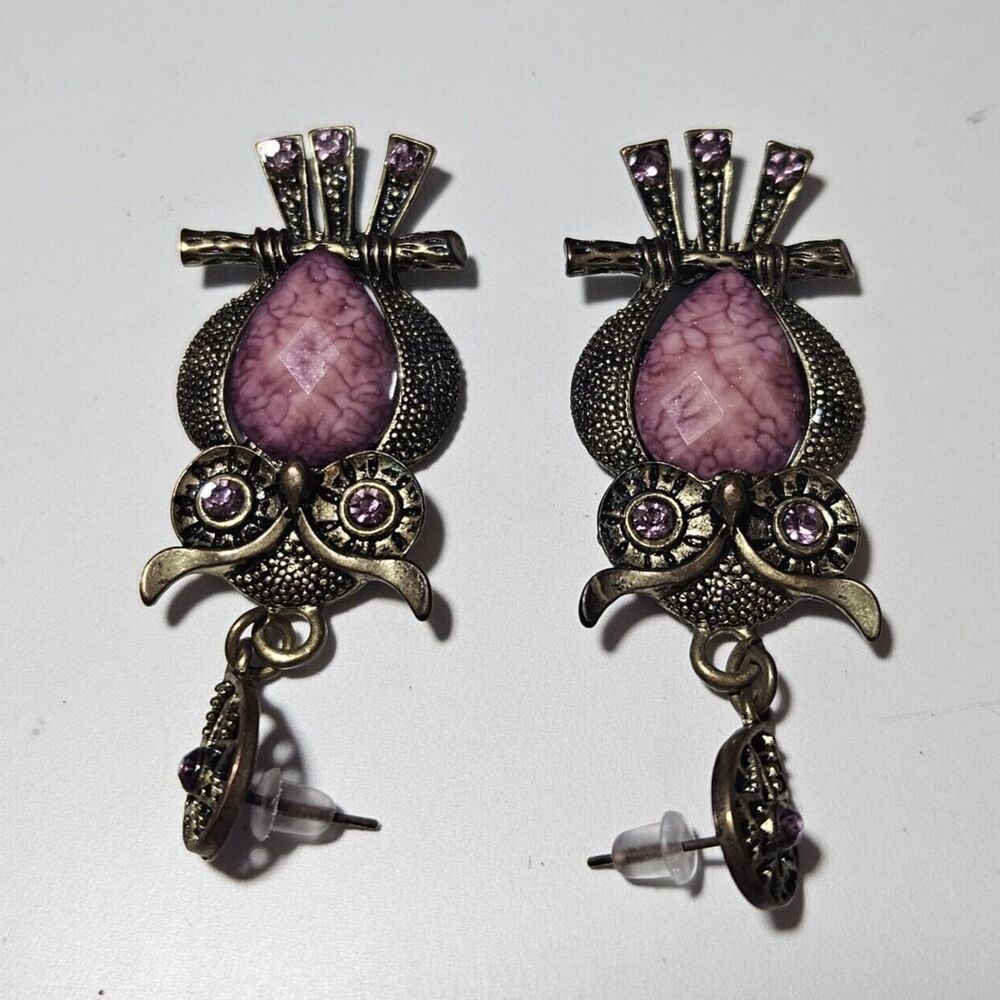 Gold Tone Dangling Owl With Purple Earrings - Picture 10 of 11